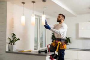 An electrician inspects a standard home electrical breaker panel with switches in the ON and OFF positions.